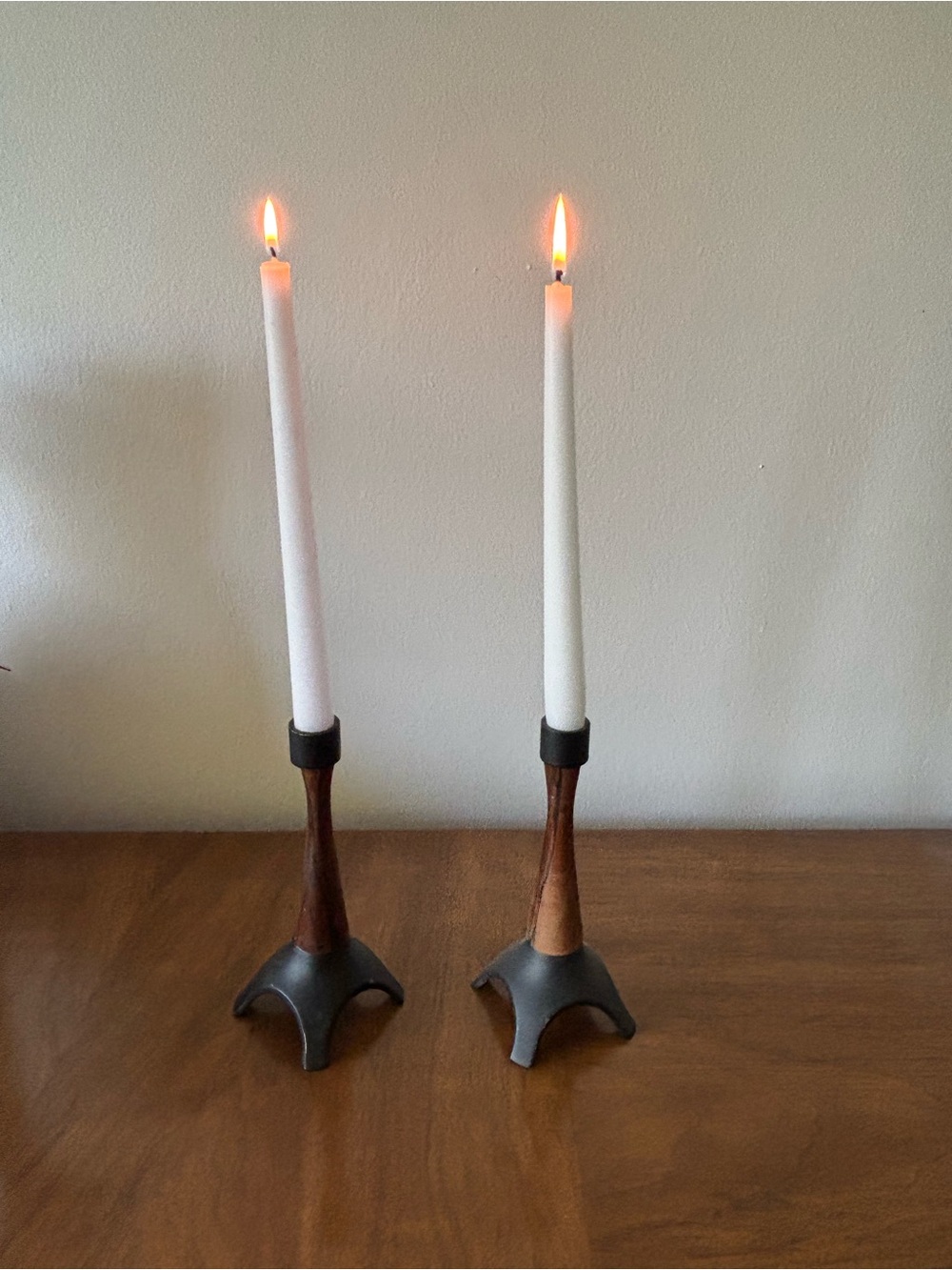 Vintage Mid Century Modern Wood and Black Metal Candle Holders
